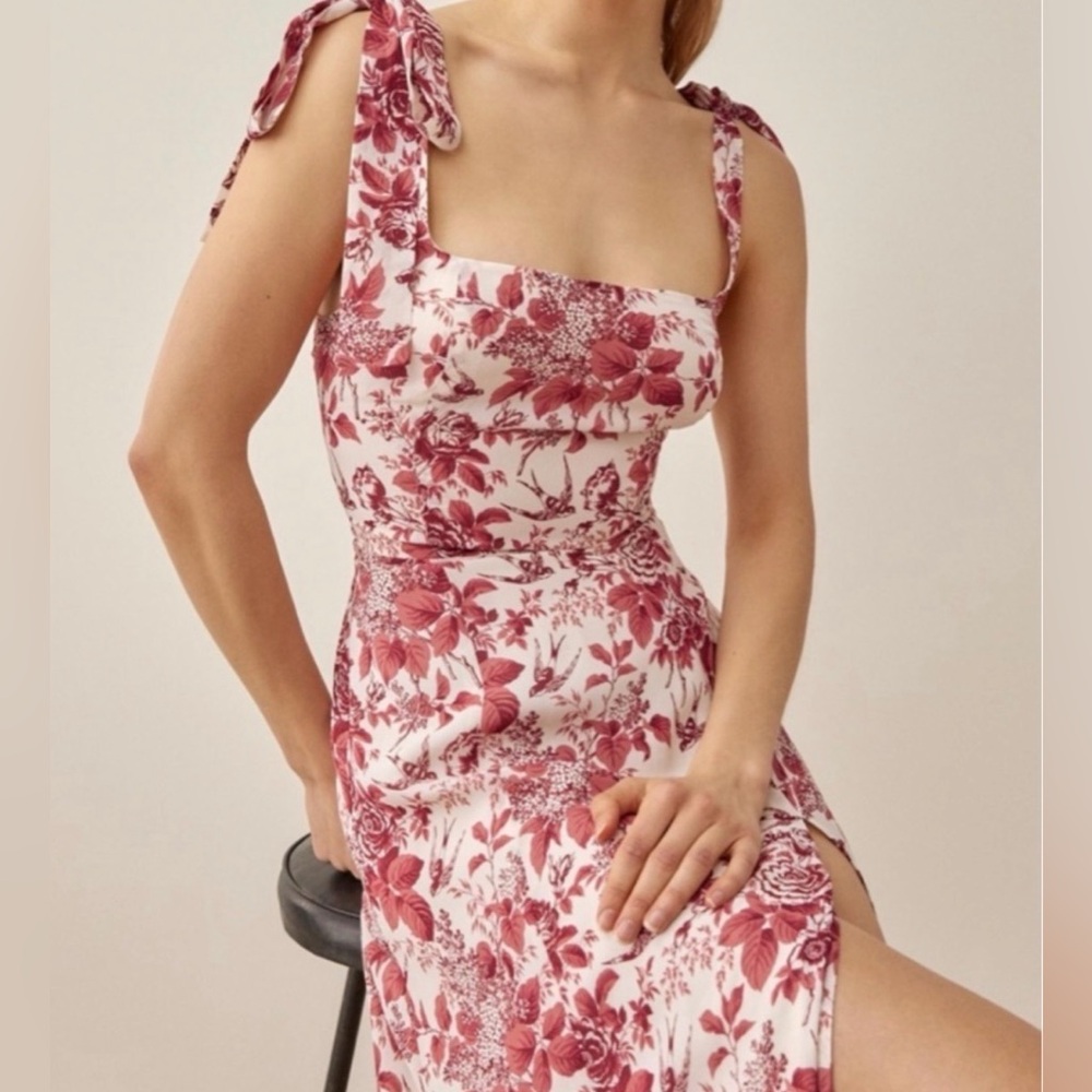 Reformation Rose Floral Tie-Shoulder Midi Dress - White & Rose